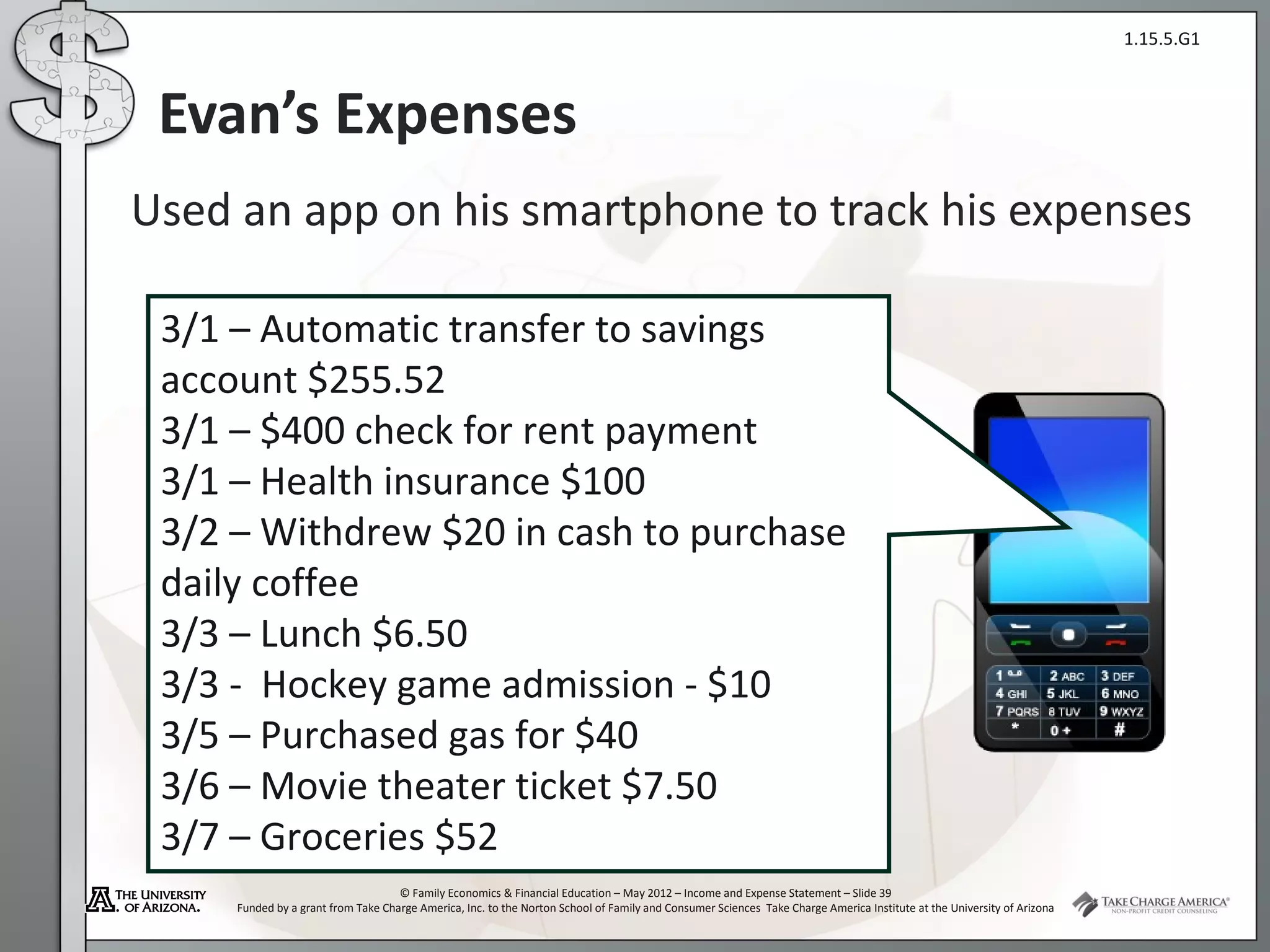 1.15.5.G1



 Evan’s Expenses
Used an app on his smartphone to track his expenses

 3/1 – Automatic transfer to savings
 account $255.52
 3/1 – $400 check for rent payment
 3/1 – Health insurance $100
 3/2 – Withdrew $20 in cash to purchase
 daily coffee
 3/3 – Lunch $6.50
 3/3 - Hockey game admission - $10
 3/5 – Purchased gas for $40
 3/6 – Movie theater ticket $7.50
 3/7 – Groceries $52
                                    © Family Economics & Financial Education – May 2012 – Income and Expense Statement – Slide 39
     Funded by a grant from Take Charge America, Inc. to the Norton School of Family and Consumer Sciences Take Charge America Institute at the University of Arizona
 
