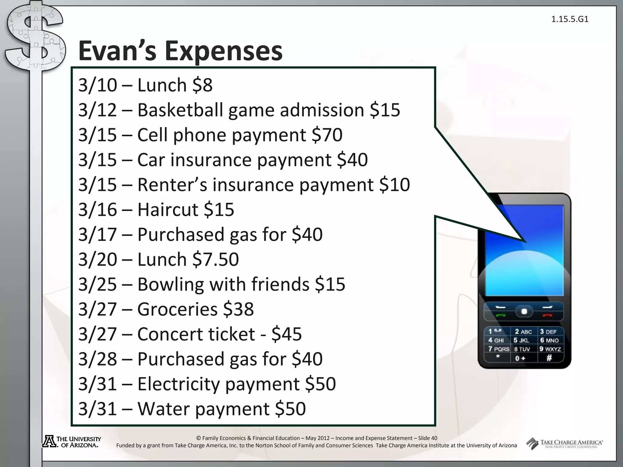 1.15.5.G1



Evan’s Expenses
3/10 – Lunch $8
3/12 – Basketball game admission $15
3/15 – Cell phone payment $70
3/15 – Car insurance payment $40
3/15 – Renter’s insurance payment $10
3/16 – Haircut $15
3/17 – Purchased gas for $40
3/20 – Lunch $7.50
3/25 – Bowling with friends $15
3/27 – Groceries $38
3/27 – Concert ticket - $45
3/28 – Purchased gas for $40
3/31 – Electricity payment $50
3/31 – Water payment $50
                                   © Family Economics & Financial Education – May 2012 – Income and Expense Statement – Slide 40
    Funded by a grant from Take Charge America, Inc. to the Norton School of Family and Consumer Sciences Take Charge America Institute at the University of Arizona
 