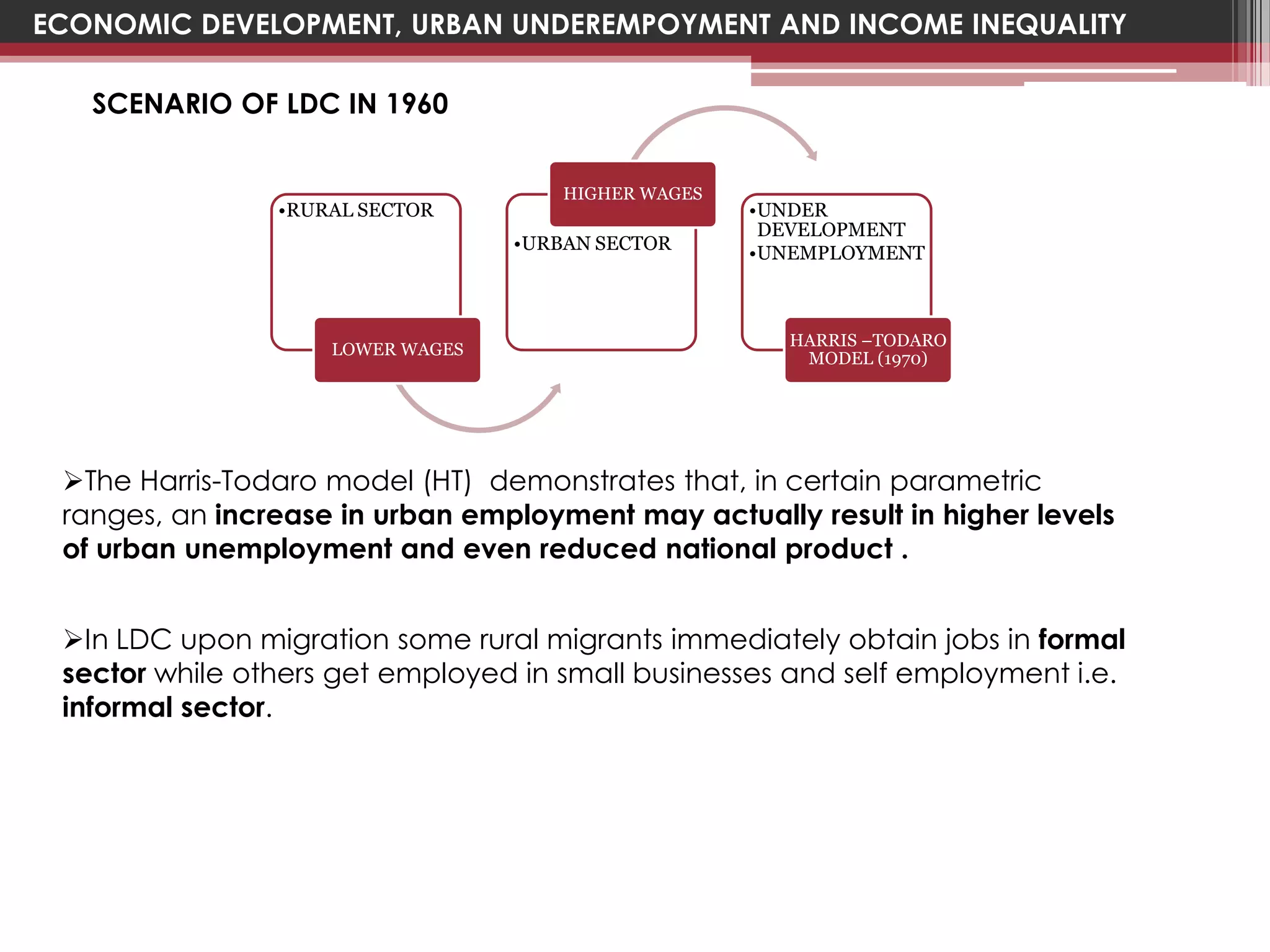ECONOMIC DEVELOPMENT, URBAN UNDEREMPOYMENT AND INCOME INEQUALITY

   SCENARIO OF LDC IN 1960


                                      HIGHER WAGES
                •RURAL SECTOR                        •UNDER
                                                      DEVELOPMENT
                                  •URBAN SECTOR      •UNEMPLOYMENT



                                                        HARRIS –TODARO
                    LOWER WAGES
                                                         MODEL (1970)




 The Harris-Todaro model (HT) demonstrates that, in certain parametric
 ranges, an increase in urban employment may actually result in higher levels
 of urban unemployment and even reduced national product .


 In LDC upon migration some rural migrants immediately obtain jobs in formal
 sector while others get employed in small businesses and self employment i.e.
 informal sector.
 