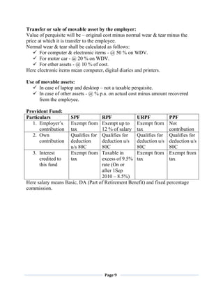 Page 9
Transfer or sale of movable asset by the employer:
Value of perquisite will be – original cost minus normal wear & tear minus the
price at which it is transfer to the employee.
Normal wear & tear shall be calculated as follows:
 For computer & electronic items - @ 50 % on WDV.
 For motor car - @ 20 % on WDV.
 For other assets - @ 10 % of cost.
Here electronic items mean computer, digital diaries and printers.
Use of movable assets:
 In case of laptop and desktop – not a taxable perquisite.
 In case of other assets - @ % p.a. on actual cost minus amount recovered
from the employee.
Provident Fund:
Particulars SPF RPF URPF PPF
1. Employer’s
contribution
Exempt from
tax
Exempt up to
12 % of salary
Exempt from
tax
Not
contribution
2. Own
contribution
Qualifies for
deduction
u/s 80C
Qualifies for
deduction u/s
80C
Qualifies for
deduction u/s
80C
Qualifies for
deduction u/s
80C
3. Interest
credited to
this fund
Exempt from
tax
Taxable in
excess of 9.5%
rate (On or
after 1Sep
2010 – 8.5%)
Exempt from
tax
Exempt from
tax
Here salary means Basic, DA (Part of Retirement Benefit) and fixed percentage
commission.
 