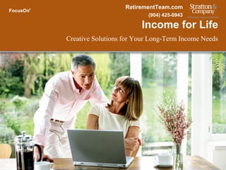 Welcome Creative Solutions for Your Long-Term Income Needs
FocusOn®
Income for Life
(904) 425-0943
RetirementTeam.com
 