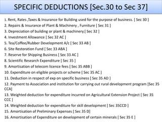 SPECIFIC DEDUCTIONS [Sec.30 to Sec 37]
1. Rent, Rates ,Taxes & Insurance for Building used for the purpose of business. [ Sec 30 ]
2. Repairs & Insurance of Plant & Machinery , Furniture [ Sec 31 ]
3. Depreciation of building or plant & machinery.[ Sec 32 ]
4. Investment Allowance [ Sec 32 AC ]
5. Tea/Coffee/Rubber Development A/c [ Sec 33 AB ]
6. Site Restoration Fund [ Sec 33 ABA ]
7. Reserve for Shipping Business [ Sec 33 AC ]
8. Scientific Research Expenditure [ Sec 35 ]
9. Amortisation of telecom licence fees [ Sec 35 ABB ]
10. Expenditure on eligible projects or scheme [ Sec 35 AC ]
11. Deduction in respect of exp on specific business [ Sec 35 AD ]
12. Payment to Association and institution for carrying out rural development program [Sec 35
CCA]
13. Weighted deduction for expenditure incurred on Agricultural Extension Project [ Sec 35
CCC ]
14. Weighted deduction for expenditure for skill development [ Sec 35CCD ]
15. Amortisation of Preliminary Expenses [ Sec 35 D]
16. Amortisation of Expenditure on development of certain minerals [ Sec 35 E ]
 