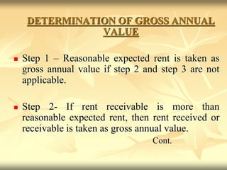 DETERMINATION OF GROSS ANNUAL
VALUE
 Step 1 – Reasonable expected rent is taken as
gross annual value if step 2 and step 3 are not
applicable.
 Step 2- If rent receivable is more than
reasonable expected rent, then rent received or
receivable is taken as gross annual value.
Cont.
 