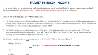 FAMILY PENSION INCOME
If you are receiving any pension income on behalf of a deceased family member Then it’ll become taxable under this head.
Though you can claim a deduction of Rs. 15,000 or 1/3rd of the amount received, whichever is lower.
EXCEPTIONS IN RESPECT OF FAMILY PENSION:
1. The family pension received by the widow or children or nomiated heirs, of a member of the armed forces (including para-
military forces) of the union, where the death of such member has occurred in the course of operational duties, in specified
circumstances would, however, be exempt under section 10(19)
2. The family pension received by any member of the family of an individual who had been in the service of Central
Government and has bad been awarded “Param Vir Chakra” or “Maha Vir Chakra” or “Vir Chakra” or other notified
gallantry awards would be exempt under section10(18)(ii)
Eg: A family member receives a monthly pension of Rs. 50,000/-. What is Exemption Limit.?
=50000* 1= 16,665
3 Lesser of 2 so 15,000 is Exempted Balance 35,000 is Taxable
OR
=15,000
 