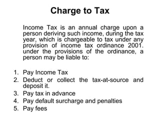 Charge to Tax
Income Tax is an annual charge upon a
person deriving such income, during the tax
year, which is chargeable to tax under any
provision of income tax ordinance 2001.
under the provisions of the ordinance, a
person may be liable to:
1. Pay Income Tax
2. Deduct or collect the tax-at-source and
deposit it.
3. Pay tax in advance
4. Pay default surcharge and penalties
5. Pay fees

 