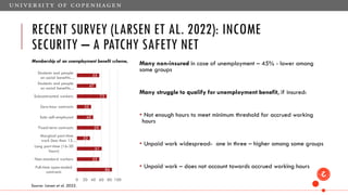 RECENT SURVEY (LARSEN ET AL. 2022): INCOME
SECURITY – A PATCHY SAFETY NET
Many non-insured in case of unemployment – 45% - lower among
some groups
Many struggle to qualify for unemployment benefit, if insured:
• Not enough hours to meet minimum threshold for accrued working
hours
• Unpaid work widespread- one in three – higher among some groups
• Unpaid work – does not account towards accrued working hours
86
55
61
32
59
40
35
73
47
55
0 20 40 60 80 100
Full-time open-ended
contracts
Non-standard workers
Long part-time (16-30
hours)
Marginal part-time
work (less than 15…
Fixed-term contracts
Solo self-employed
Zero-hour contracts
Subcontracted workers
Students and people
on social benefits…
Students and people
on social benefits…
Membership of an unemployment benefit scheme,
Source: Larsen et al. 2022.
 