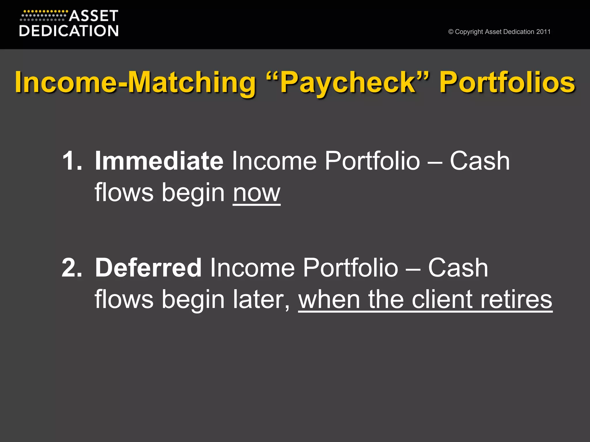 Income-Matching “Paycheck” PortfoliosImmediate Income Portfolio – Cash flows begin nowDeferred Income Portfolio – Cash flows begin later, when the client retires