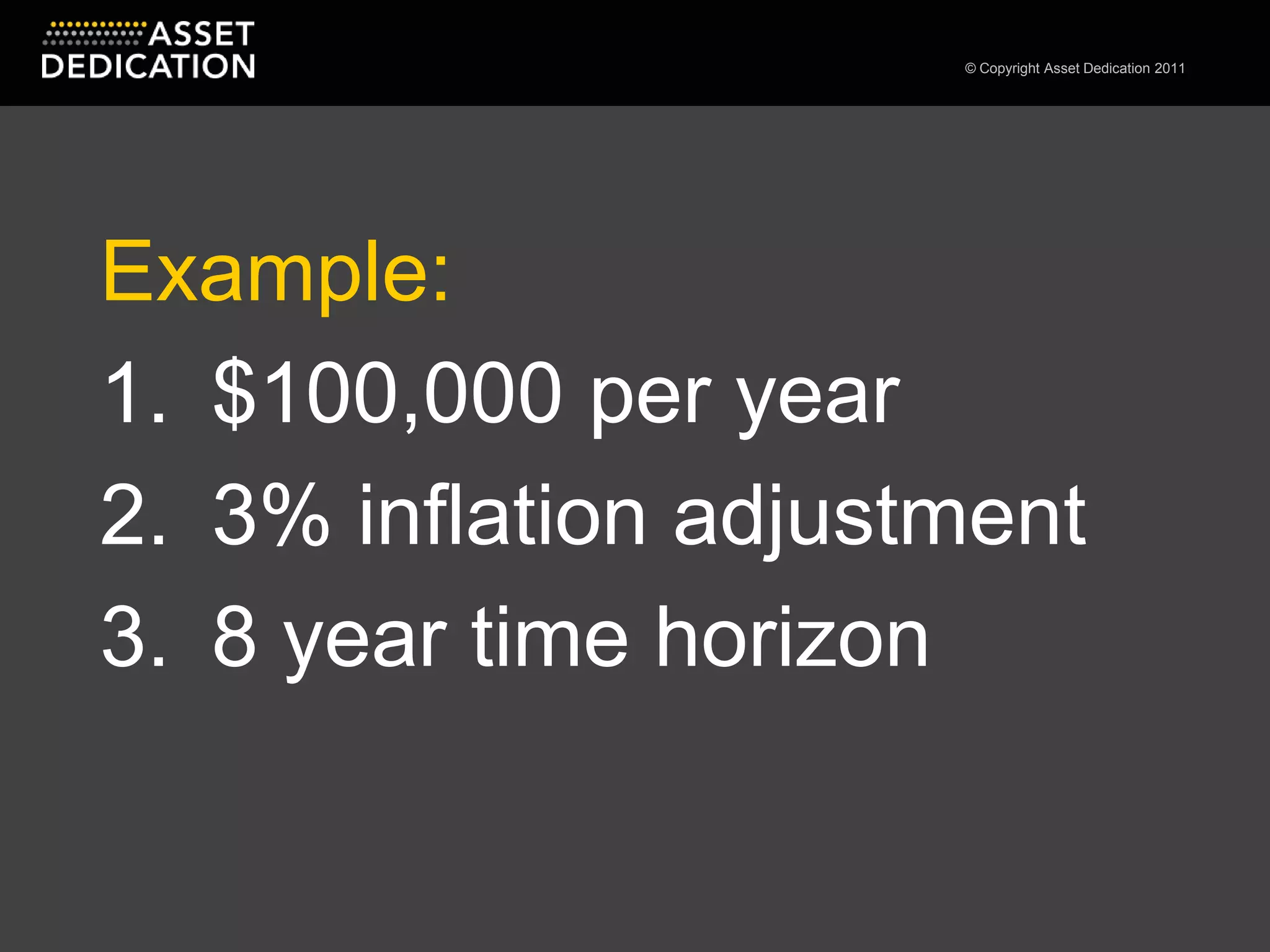 Example:$100,000 per year3% inflation adjustment8 year time horizon