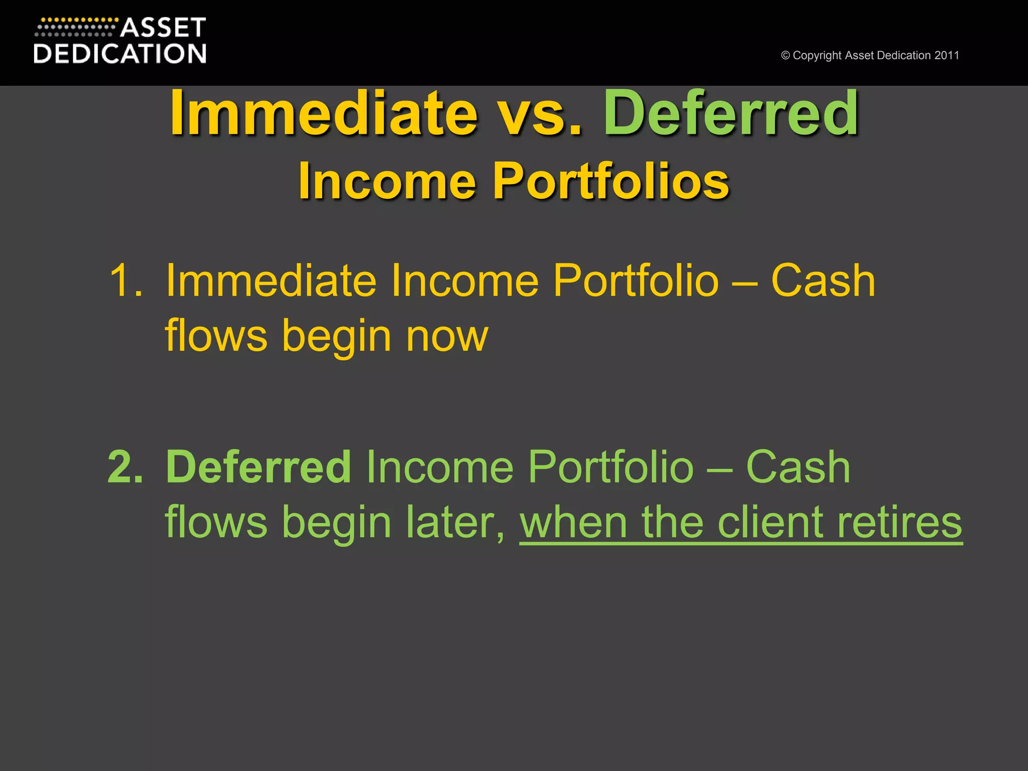 Immediate vs. DeferredIncome PortfoliosImmediate Income Portfolio – Cash flows begin nowDeferredIncome Portfolio – Cash flows begin later, when the client retires