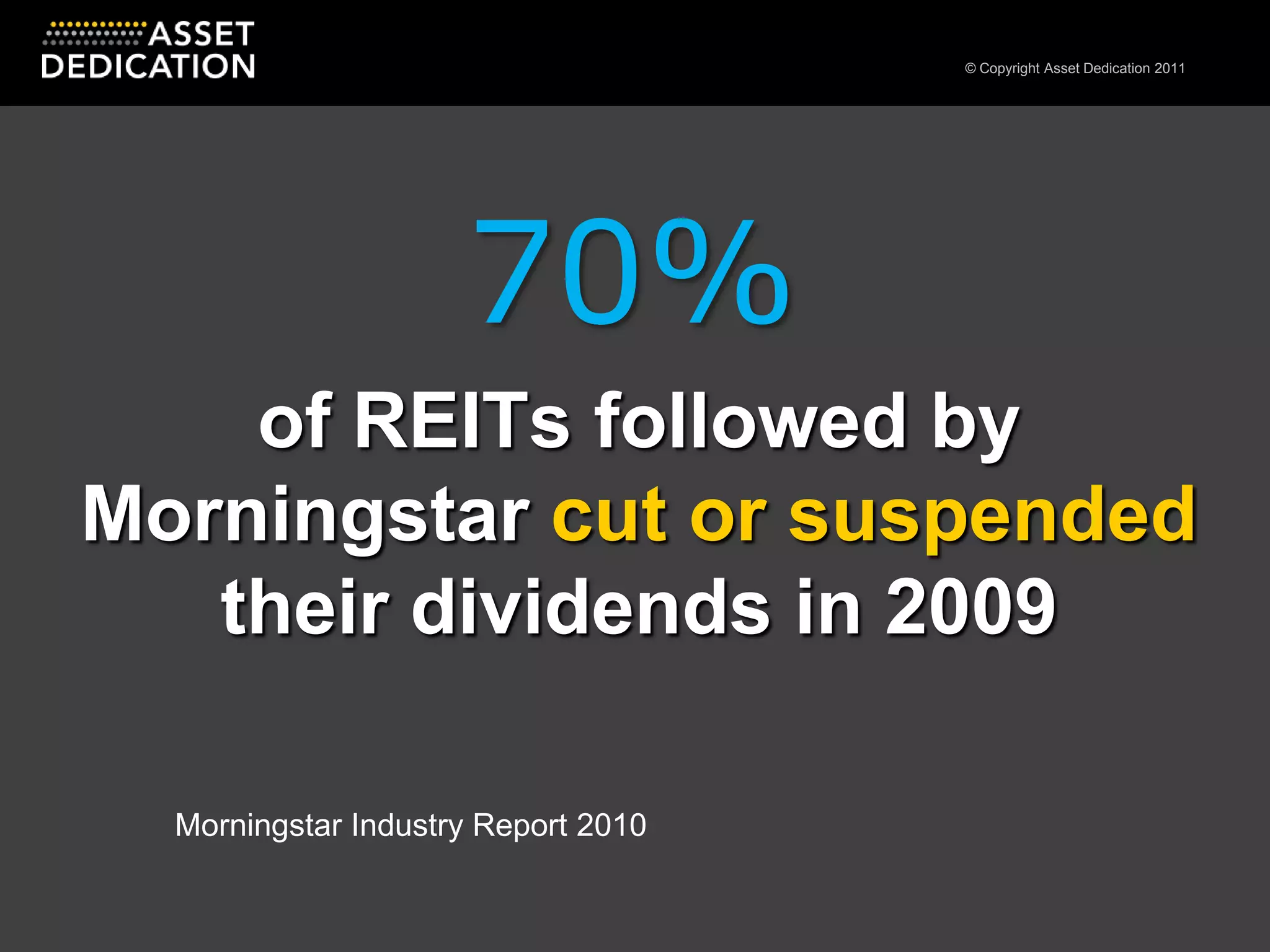 70%of REITs followed by Morningstar cut or suspended their dividends in 2009Morningstar Industry Report 2010