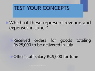 TEST YOUR CONCEPTS
Which of these represent revenue and
expenses in June ?
Received orders for goods totaling
Rs.25,000 ...