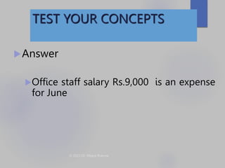 TEST YOUR CONCEPTS
Answer
Office staff salary Rs.9,000 is an expense
for June
 