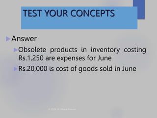 TEST YOUR CONCEPTS
Answer
Obsolete products in inventory costing
Rs.1,250 are expenses for June
Rs.20,000 is cost of go...