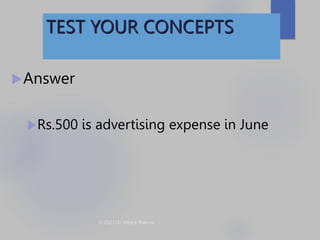 TEST YOUR CONCEPTS
Answer
Rs.500 is advertising expense in June
 
