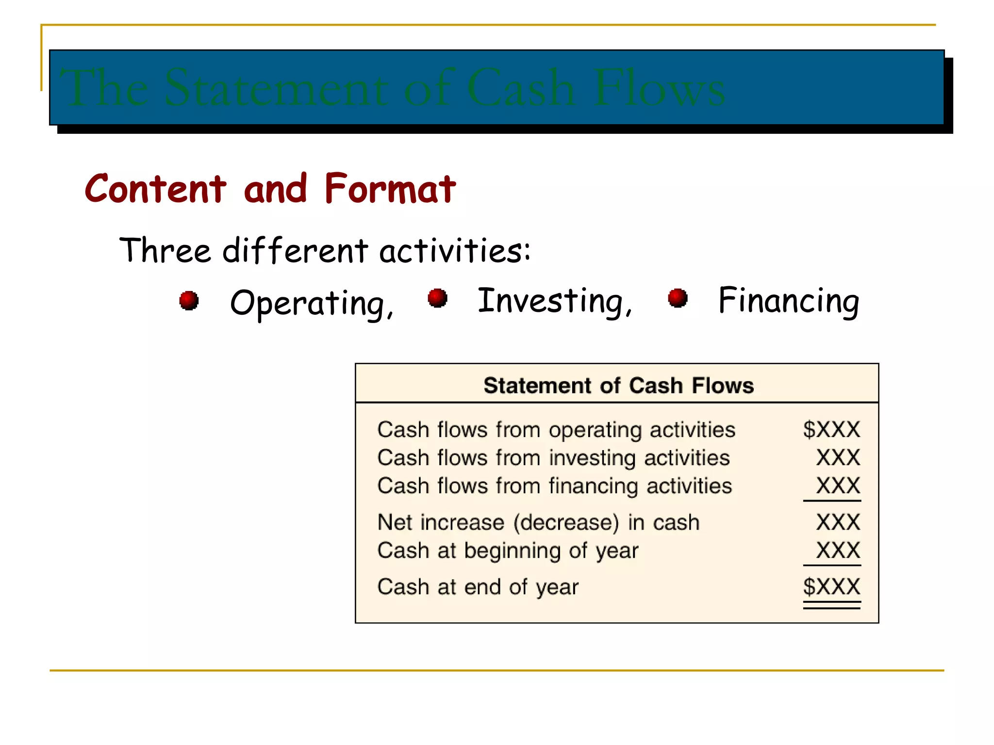 The Statement of Cash Flows Three different activities: Operating,  Content and Format Investing, Financing 