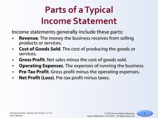 Income statements generally include these parts: Revenue . The money the business receives from selling products or services.  Cost of Goods Sold . The cost of producing the goods or services. Gross Profit . Net sales minus the cost of goods sold. Operating Expenses . The expenses of running the business.  Pre-Tax Profit . Gross profit minus the operating expenses. Net Profit (Loss) . Pre-tax profit minus taxes. 