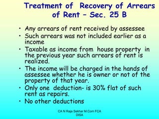 Treatment of Recovery of Arrears
       of Rent – Sec. 25 B
• Any arrears of rent received by assessee
• Such arrears was not included earlier as a
  income
• Taxable as income from house property in
  the previous year such arrears of rent is
  realized.
• The income will be charged in the hands of
  assessee whether he is owner or not of the
  property of that year.
• Only one deduction- is 30% flat of such
  rent as repairs.
• No other deductions
             CA N Raja Sekhar M.Com FCA
                        DISA
 
