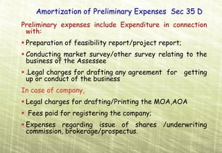 Amortization of Preliminary Expenses Sec 35 D
Preliminary expenses include Expenditure in connection
 with:
 Preparation of feasibility report/project report;
 Conducting market survey/other survey relating to the
 business of the Assessee
 .Legal charges for drafting any agreement for       getting
 up or conduct of the business
In case of company,
 Legal charges for drafting/Printing the MOA,AOA
 Fees paid for registering the company;
 Expenses regarding issue of shares /underwriting
 commission, brokerage/prospectus.
 