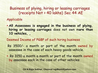 Taxation of specific businesses –Presumptive tax basis

       Business of plying, hiring or leasing carriages
            (receipts Not > 40 lakhs) Sec 44 AE
   Applicable
      All Assessees is engaged in the business of plying,
      hiring or leasing carriages does not own more than
      10 vehicles, ,
   Deemed Income of PGBP of such hiring business
    Rs 3500/- a month or part of the month owned by
     assessee in the case of each heavy goods vehicle.
       Rs 3150 a month a month or part of the month owned
      by assessee each in the case of other vehicles

                     CA N Raja Sekhar, Chennai rajdhost@yahoo.com
 