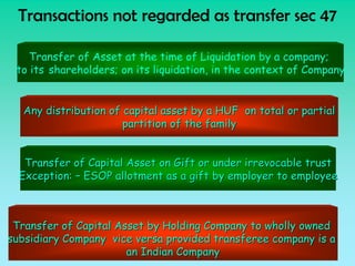 Transactions not regarded as transfer sec 47

    Transfer of Asset at the time of Liquidation by a company;
 to its shareholders; on its liquidation, in the context of Company


  Any distribution of capital asset by a HUF on total or partial
                      partition of the family


   Transfer of Capital Asset on Gift or under irrevocable trust
  Exception: – ESOP allotment as a gift by employer to employee



 Transfer of Capital Asset by Holding Company to wholly owned
subsidiary Company vice versa provided transferee company is a
                       an Indian Company
 