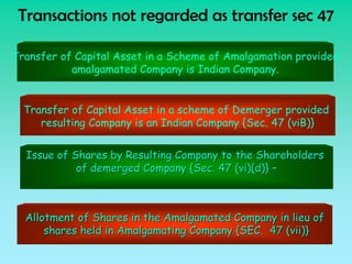 Transactions not regarded as transfer sec 47

Transfer of Capital Asset in a Scheme of Amalgamation provided
           amalgamated Company is Indian Company.


  Transfer of Capital Asset in a scheme of Demerger provided
     resulting Company is an Indian Company {Sec. 47 (viB)}


  Issue of Shares by Resulting Company to the Shareholders
            of demerged Company {Sec. 47 (vi)(d)} –



  Allotment of Shares in the Amalgamated Company in lieu of
      shares held in Amalgamating Company {SEC. 47 (vii)}
 