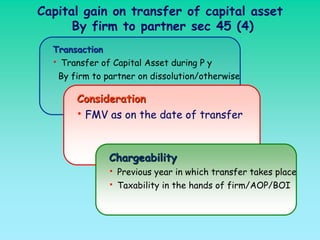Capital gain on transfer of capital asset
      By firm to partner sec 45 (4)
  Transaction
  • Transfer of Capital Asset during P y
   By firm to partner on dissolution/otherwise

       Consideration
       • FMV as on the date of transfer


               Chargeability
               • Previous year in which transfer takes place
               • Taxability in the hands of firm/AOP/BOI
 