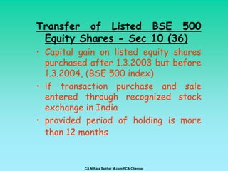 Transfer of Listed BSE 500
 Equity Shares - Sec 10 (36)
• Capital gain on listed equity shares
  purchased after 1.3.2003 but before
  1.3.2004, (BSE 500 index)
• if transaction purchase and sale
  entered through recognized stock
  exchange in India
• provided period of holding is more
  than 12 months


           CA N Raja Sekhar M.com FCA Chennai
 