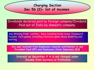 Charging Section
             Sec 56 (2)- list of incomes


Dividends declared paid by foreign company/Dividend
       Paid out of India by domestic company

Any Winning from: Lottery, Race including horse races, Crossword
Puzzles Card games, (including television game shows Gambling and
betting


  Any sum received from Employees towards contribution to any
    Provident Fund (PF) and Employees State Insurance (ESI)
                                 .
      Interest on Securities if it is not charged under
             Income from business or Profession
 