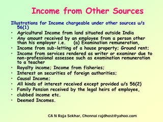 Income from Other Sources
Illustrations for Income chargeable under other sources u/s
   56(1)
• Agricultural Income from land situated outside India
• Any amount received by an employee from a person other
   than his employer i.e.   (a) Examination remuneration,
• Income from sub-letting of a house property; Ground rent;
• Income from services rendered as writer or examiner due to
   non-professional assessee such as examination remuneration
   to a teacher
• Royalty income; Income from fisheries;
• Interest on securities of foreign authorities;
• Causal Income;
• All kinds of interest received except provided u/s 56(2)
• Family Pension received by the legal heirs of employee,
• clubbed income etc.
• Deemed Incomes.


                CA N Raja Sekhar, Chennai rajdhost@yahoo.com
 