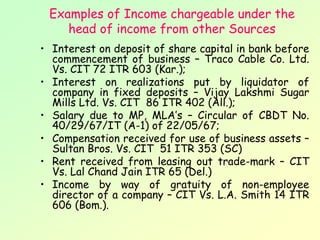 Examples of Income chargeable under the
    head of income from other Sources
• Interest on deposit of share capital in bank before
  commencement of business – Traco Cable Co. Ltd.
  Vs. CIT 72 ITR 603 (Kar.);
• Interest on realizations put by liquidator of
  company in fixed deposits – Vijay Lakshmi Sugar
  Mills Ltd. Vs. CIT 86 ITR 402 (All.);
• Salary due to MP, MLA’s – Circular of CBDT No.
  40/29/67/IT (A-1) of 22/05/67;
• Compensation received for use of business assets –
  Sultan Bros. Vs. CIT 51 ITR 353 (SC)
• Rent received from leasing out trade-mark – CIT
  Vs. Lal Chand Jain ITR 65 (Del.)
• Income by way of gratuity of non-employee
  director of a company – CIT Vs. L.A. Smith 14 ITR
  606 (Bom.).
 