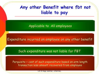Any other Benefit where fbt not
                 liable to pay

               Applicable to All employees



Expenditure incurred on employee on any other benefit


       Such expenditure was not liable for FBT


   Perquisite = cost of such expenditure based on arm length
       transaction less amount recovered from employee

                      CA N Raja Sekhar, Chennai,
 