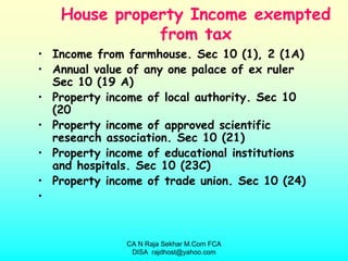 House property Income exempted
              from tax
• Income from farmhouse. Sec 10 (1), 2 (1A)
• Annual value of any one palace of ex ruler
  Sec 10 (19 A)
• Property income of local authority. Sec 10
  (20
• Property income of approved scientific
  research association. Sec 10 (21)
• Property income of educational institutions
  and hospitals. Sec 10 (23C)
• Property income of trade union. Sec 10 (24)
•


              CA N Raja Sekhar M.Com FCA
               DISA rajdhost@yahoo.com
 