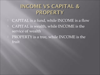  CAPITAL is a fund, while INCOME is a flow 
 CAPITAL is wealth, while INCOME is the 
service of wealth 
 PROPERTY is a tree, while INCOME is the 
fruit 
 