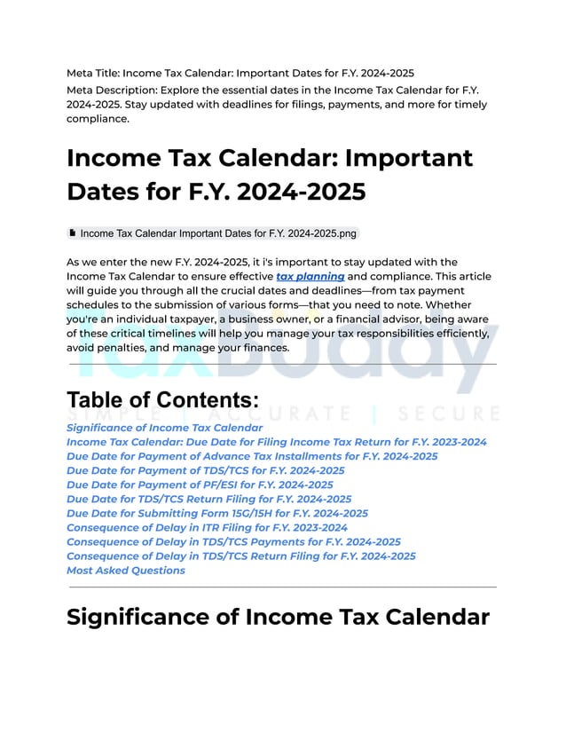 Tax Calendar Important Dates for F.Y. 20242025 PDF