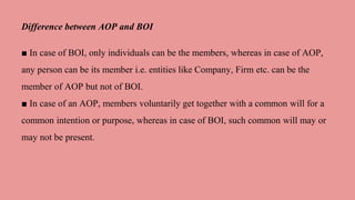 Difference between AOP and BOI
■ In case of BOI, only individuals can be the members, whereas in case of AOP,
any person can be its member i.e. entities like Company, Firm etc. can be the
member of AOP but not of BOI.
■ In case of an AOP, members voluntarily get together with a common will for a
common intention or purpose, whereas in case of BOI, such common will may or
may not be present.
 