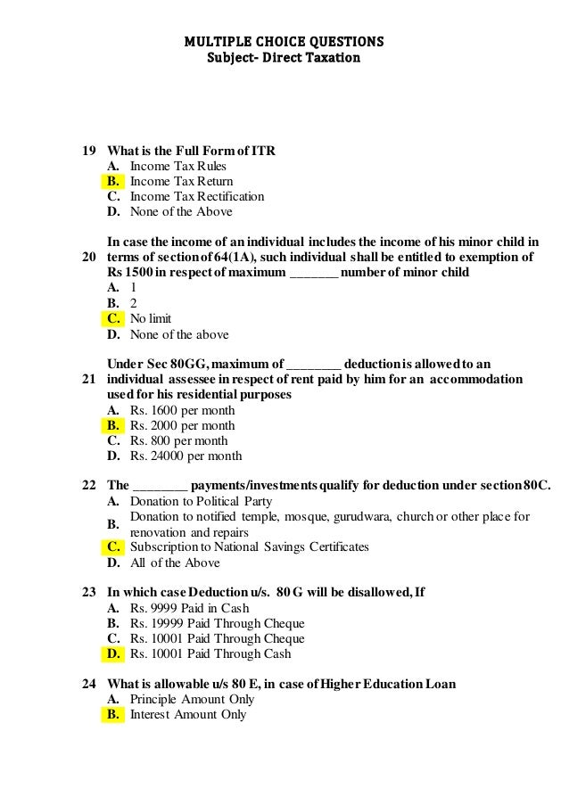 corporate tax planning multiple choice questions and answers pdf