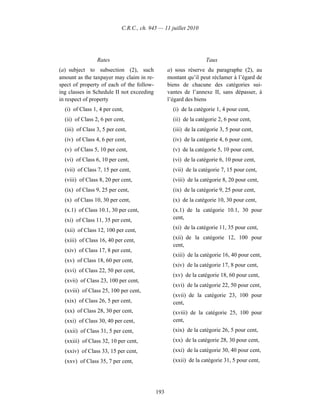 C.R.C., ch. 945 — 11 juillet 2010




                 Rates                                            Taux
(a) subject to subsection (2), such              a) sous réserve du paragraphe (2), au
amount as the taxpayer may claim in re-          montant qu’il peut réclamer à l’égard de
spect of property of each of the follow-         biens de chacune des catégories sui-
ing classes in Schedule II not exceeding         vantes de l’annexe II, sans dépasser, à
in respect of property                           l’égard des biens
  (i) of Class 1, 4 per cent,                      (i) de la catégorie 1, 4 pour cent,
  (ii) of Class 2, 6 per cent,                     (ii) de la catégorie 2, 6 pour cent,
  (iii) of Class 3, 5 per cent,                    (iii) de la catégorie 3, 5 pour cent,
  (iv) of Class 4, 6 per cent,                     (iv) de la catégorie 4, 6 pour cent,
  (v) of Class 5, 10 per cent,                     (v) de la catégorie 5, 10 pour cent,
  (vi) of Class 6, 10 per cent,                    (vi) de la catégorie 6, 10 pour cent,
  (vii) of Class 7, 15 per cent,                   (vii) de la catégorie 7, 15 pour cent,
  (viii) of Class 8, 20 per cent,                  (viii) de la catégorie 8, 20 pour cent,
  (ix) of Class 9, 25 per cent,                    (ix) de la catégorie 9, 25 pour cent,
  (x) of Class 10, 30 per cent,                    (x) de la catégorie 10, 30 pour cent,
  (x.1) of Class 10.1, 30 per cent,                (x.1) de la catégorie 10.1, 30 pour
  (xi) of Class 11, 35 per cent,                   cent,

  (xii) of Class 12, 100 per cent,                 (xi) de la catégorie 11, 35 pour cent,

  (xiii) of Class 16, 40 per cent,                 (xii) de la catégorie 12, 100 pour
                                                   cent,
  (xiv) of Class 17, 8 per cent,
                                                   (xiii) de la catégorie 16, 40 pour cent,
  (xv) of Class 18, 60 per cent,
                                                   (xiv) de la catégorie 17, 8 pour cent,
  (xvi) of Class 22, 50 per cent,
                                                   (xv) de la catégorie 18, 60 pour cent,
  (xvii) of Class 23, 100 per cent,
                                                   (xvi) de la catégorie 22, 50 pour cent,
  (xviii) of Class 25, 100 per cent,
                                                   (xvii) de la catégorie 23, 100 pour
  (xix) of Class 26, 5 per cent,                   cent,
  (xx) of Class 28, 30 per cent,                   (xviii) de la catégorie 25, 100 pour
  (xxi) of Class 30, 40 per cent,                  cent,
  (xxii) of Class 31, 5 per cent,                  (xix) de la catégorie 26, 5 pour cent,
  (xxiii) of Class 32, 10 per cent,                (xx) de la catégorie 28, 30 pour cent,
  (xxiv) of Class 33, 15 per cent,                 (xxi) de la catégorie 30, 40 pour cent,
  (xxv) of Class 35, 7 per cent,                   (xxii) de la catégorie 31, 5 pour cent,




                                           193
 