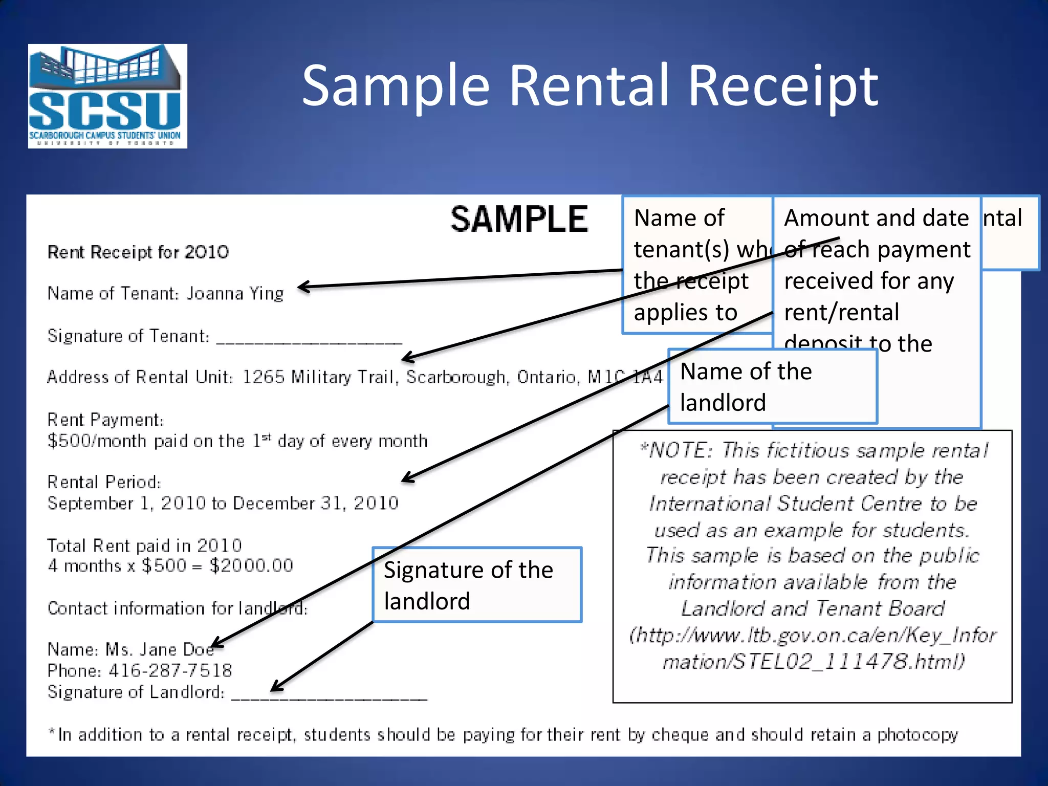 Sample Rental Receipt
Name of
Amount and date
Address of rental
tenant(s) who of reach payment
unit
the receipt received for any
applies to
rent/rental
deposit to the
Name of the
landlord
landlord

Signature of the
landlord

 