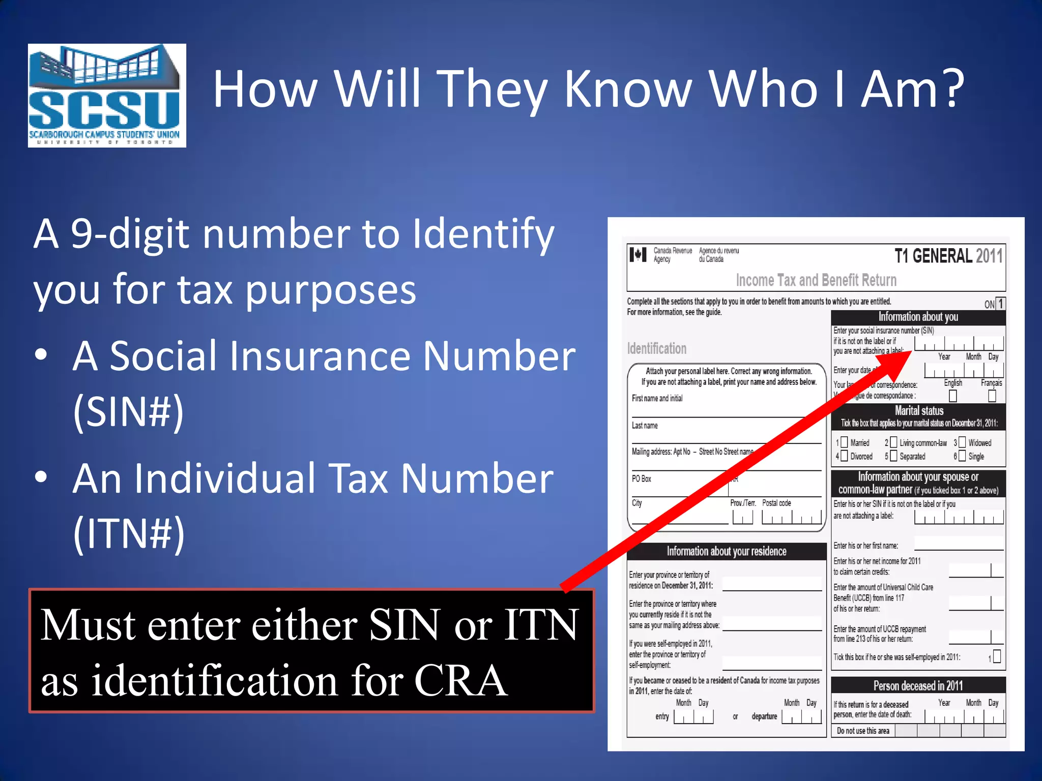 How Will They Know Who I Am?
A 9-digit number to Identify
you for tax purposes
• A Social Insurance Number
(SIN#)
• An Individual Tax Number
(ITN#)
Must enter either SIN or ITN
as identification for CRA

 