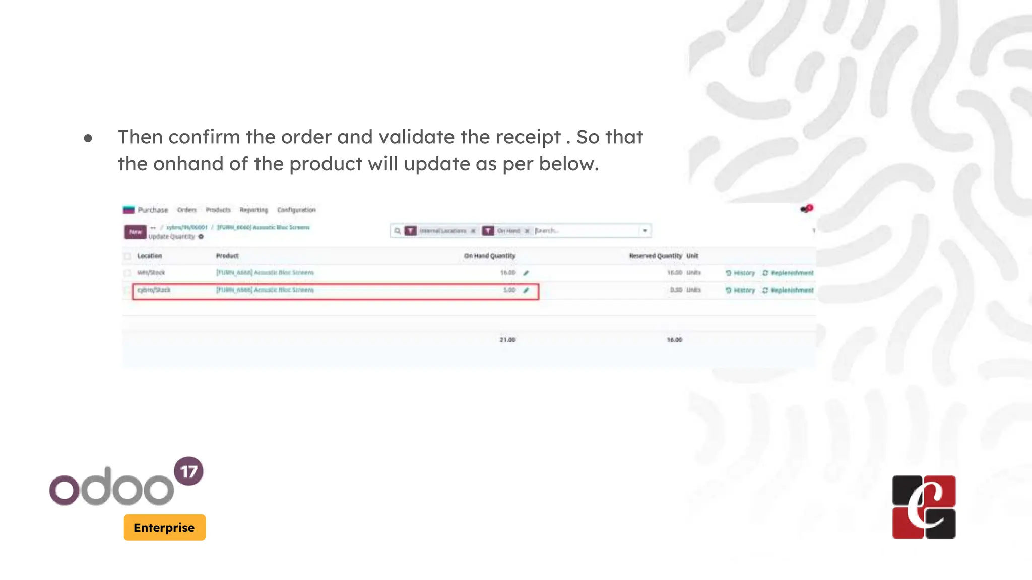 Enterprise
● Then confirm the order and validate the receipt . So that
the onhand of the product will update as per below.
