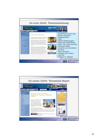 Ein erster Schritt: Themenorientierung

•
•
•
•
•
•
•
•
•
•
•
•
•

Geschichte(n) f d S
G h h ( ) auf der Spur
Dichter und Denker
Kulturgeschichte
Gotik
UNESCO-Weltkulturgüter
Kulinarische Köstlichkeiten
Flüsse, Seen, Meer und mehr
Historische Märkte
Geschichte und Geschichten
der Natur
Parks und Gärten
Handwerk aktiv erleben
City-Card
Kongresse & Tagungen
Quelle: www.historicgermany.com

19

Prof. Dr. A. Kagermeier: Auslandsmarktorientierung auch für
kleinere städtetouristische Destinationen?

Ein zweiter Schritt: Thematische Routen

Quelle: www.historicgermany.com
20

Prof. Dr. A. Kagermeier: Auslandsmarktorientierung auch für
kleinere städtetouristische Destinationen?

10

 