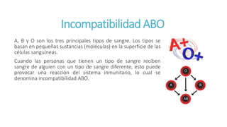 Incompatibilidad ABO
A, B y O son los tres principales tipos de sangre. Los tipos se
basan en pequeñas sustancias (moléculas) en la superficie de las
células sanguíneas.
Cuando las personas que tienen un tipo de sangre reciben
sangre de alguien con un tipo de sangre diferente, esto puede
provocar una reacción del sistema inmunitario, lo cual se
denomina incompatibilidad ABO.
 