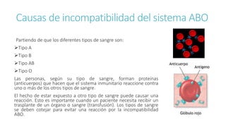 Causas de incompatibilidad del sistema ABO
Partiendo de que los diferentes tipos de sangre son:
Tipo A
Tipo B
Tipo AB
Tipo O
Las personas, según su tipo de sangre, forman proteínas
(anticuerpos) que hacen que el sistema inmunitario reaccione contra
uno o más de los otros tipos de sangre.
El hecho de estar expuesto a otro tipo de sangre puede causar una
reacción. Esto es importante cuando un paciente necesita recibir un
trasplante de un órgano o sangre (transfusión). Los tipos de sangre
se deben cotejar para evitar una reacción por la incompatibilidad
ABO.
 