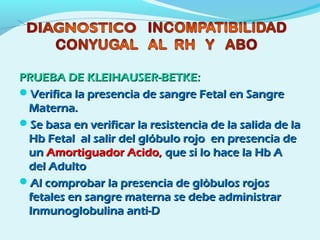 PRUEBA DE KLEIHAUSER-BETKE:PRUEBA DE KLEIHAUSER-BETKE:
Verifica la presencia de sangre Fetal en SangreVerifica la presencia de sangre Fetal en Sangre
Materna.Materna.
Se basa en verificar la resistencia de la salida de laSe basa en verificar la resistencia de la salida de la
Hb Fetal al salir del glóbulo rojo en presencia deHb Fetal al salir del glóbulo rojo en presencia de
unun Amortiguador Acido,Amortiguador Acido, que si lo hace la Hb Aque si lo hace la Hb A
del Adultodel Adulto
Al comprobar la presencia de glòbulos rojosAl comprobar la presencia de glòbulos rojos
fetales en sangre materna se debe administrarfetales en sangre materna se debe administrar
Inmunoglobulina anti-DInmunoglobulina anti-D
 