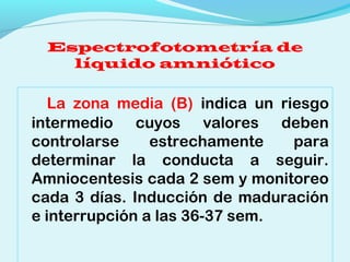 Espectrofotometría de
líquido amniótico
La zona media (B) indica un riesgo
intermedio cuyos valores deben
controlarse estrechamente para
determinar la conducta a seguir.
Amniocentesis cada 2 sem y monitoreo
cada 3 días. Inducción de maduración
e interrupción a las 36-37 sem.
 