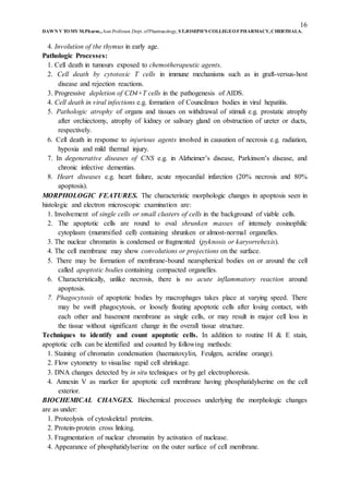 16
DAWN V TOMY M.Pharm.,Asst.Professor,Dept. ofPharmacology, ST.JOSEPH’S COLLEGEOFPHARMACY,CHERTHALA.
4. Involution of the thymus in early age.
Pathologic Processes:
1. Cell death in tumours exposed to chemotherapeutic agents.
2. Cell death by cytotoxic T cells in immune mechanisms such as in graft-versus-host
disease and rejection reactions.
3. Progressive depletion of CD4+T cells in the pathogenesis of AIDS.
4. Cell death in viral infections e.g. formation of Councilman bodies in viral hepatitis.
5. Pathologic atrophy of organs and tissues on withdrawal of stimuli e.g. prostatic atrophy
after orchiectomy, atrophy of kidney or salivary gland on obstruction of ureter or ducts,
respectively.
6. Cell death in response to injurious agents involved in causation of necrosis e.g. radiation,
hypoxia and mild thermal injury.
7. In degenerative diseases of CNS e.g. in Alzheimer’s disease, Parkinson’s disease, and
chronic infective dementias.
8. Heart diseases e.g. heart failure, acute myocardial infarction (20% necrosis and 80%
apoptosis).
MORPHOLOGIC FEATURES. The characteristic morphologic changes in apoptosis seen in
histologic and electron microscopic examination are:
1. Involvement of single cells or small clusters of cells in the background of viable cells.
2. The apoptotic cells are round to oval shrunken masses of intensely eosinophilic
cytoplasm (mummified cell) containing shrunken or almost-normal organelles.
3. The nuclear chromatin is condensed or fragmented (pyknosis or karyorrehexis).
4. The cell membrane may show convolutions or projections on the surface.
5. There may be formation of membrane-bound nearspherical bodies on or around the cell
called apoptotic bodies containing compacted organelles.
6. Characteristically, unlike necrosis, there is no acute inflammatory reaction around
apoptosis.
7. Phagocytosis of apoptotic bodies by macrophages takes place at varying speed. There
may be swift phagocytosis, or loosely floating apoptotic cells after losing contact, with
each other and basement membrane as single cells, or may result in major cell loss in
the tissue without significant change in the overall tissue structure.
Techniques to identify and count apoptotic cells. In addition to routine H & E stain,
apoptotic cells can be identified and counted by following methods:
1. Staining of chromatin condensation (haematoxylin, Feulgen, acridine orange).
2. Flow cytometry to visualise rapid cell shrinkage.
3. DNA changes detected by in situ techniques or by gel electrophoresis.
4. Annexin V as marker for apoptotic cell membrane having phosphatidylserine on the cell
exterior.
BIOCHEMICAL CHANGES. Biochemical processes underlying the morphologic changes
are as under:
1. Proteolysis of cytoskeletal proteins.
2. Protein-protein cross linking.
3. Fragmentation of nuclear chromatin by activation of nuclease.
4. Appearance of phosphatidylserine on the outer surface of cell membrane.
 