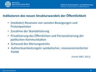  	
  	
  	
  
Jörg-­‐Uwe	
  Nieland	
  
	
  
Indikatoren	
  des	
  neuen	
  Strukturwandels	
  der	
  Öﬀentlichkeit	
  
•  (medialer)	
  Resonanz	
  von	
  sozialen	
  Bewegungen	
  und	
  
Protestparteien	
  	
  
•  Zunahme	
  der	
  Skandalisierung	
  	
  
•  PrivaFsierung	
  des	
  Öﬀentlichen	
  und	
  Personalisierung	
  der	
  
poliFschen	
  KommunikaFon	
  
•  Schwund	
  des	
  Meinungsstreits	
  
•  Aufmerksamkeitsregeln	
  symbolischer,	
  resonanzorienFerter	
  
PoliFk	
  
(Imhof	
  2007;	
  2011)	
  
	
  
9
 