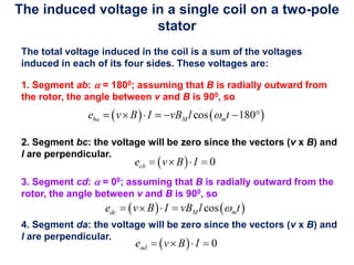 The induced voltage in a single coil on a two-pole
stator
The total voltage induced in the coil is a sum of the voltages
induced in each of its four sides. These voltages are:
1. Segment ab:  = 1800; assuming that B is radially outward from
the rotor, the angle between v and B is 900, so
2. Segment bc: the voltage will be zero since the vectors (v x B) and
l are perpendicular.
3. Segment cd:  = 00; assuming that B is radially outward from the
rotor, the angle between v and B is 900, so
4. Segment da: the voltage will be zero since the vectors (v x B) and
l are perpendicular.
 