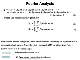Fourier Analysis
Now curves shown in figure 6, have half-wave odd symmetry, i.e. symmetrical in
successive half waves. Thus, if y=f(α) represent MMF variation, then f(α)= -
f(π+α), where α is the space angle.
All cosine terms are zero
All Even order Harmonics are absent.
 