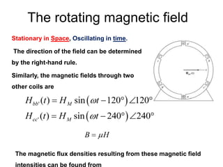 The rotating magnetic field
Stationary in Space, Oscillating in time.
The direction of the field can be determined
by the right-hand rule.
Similarly, the magnetic fields through two
other coils are
The magnetic flux densities resulting from these magnetic field
intensities can be found from
 